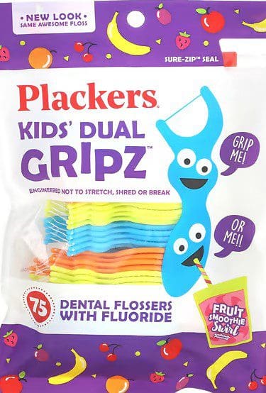Plackers – Kids’ Dual Gripz – 75 Dental Flossers With Fluoride – Fruit Smoothie Swirl